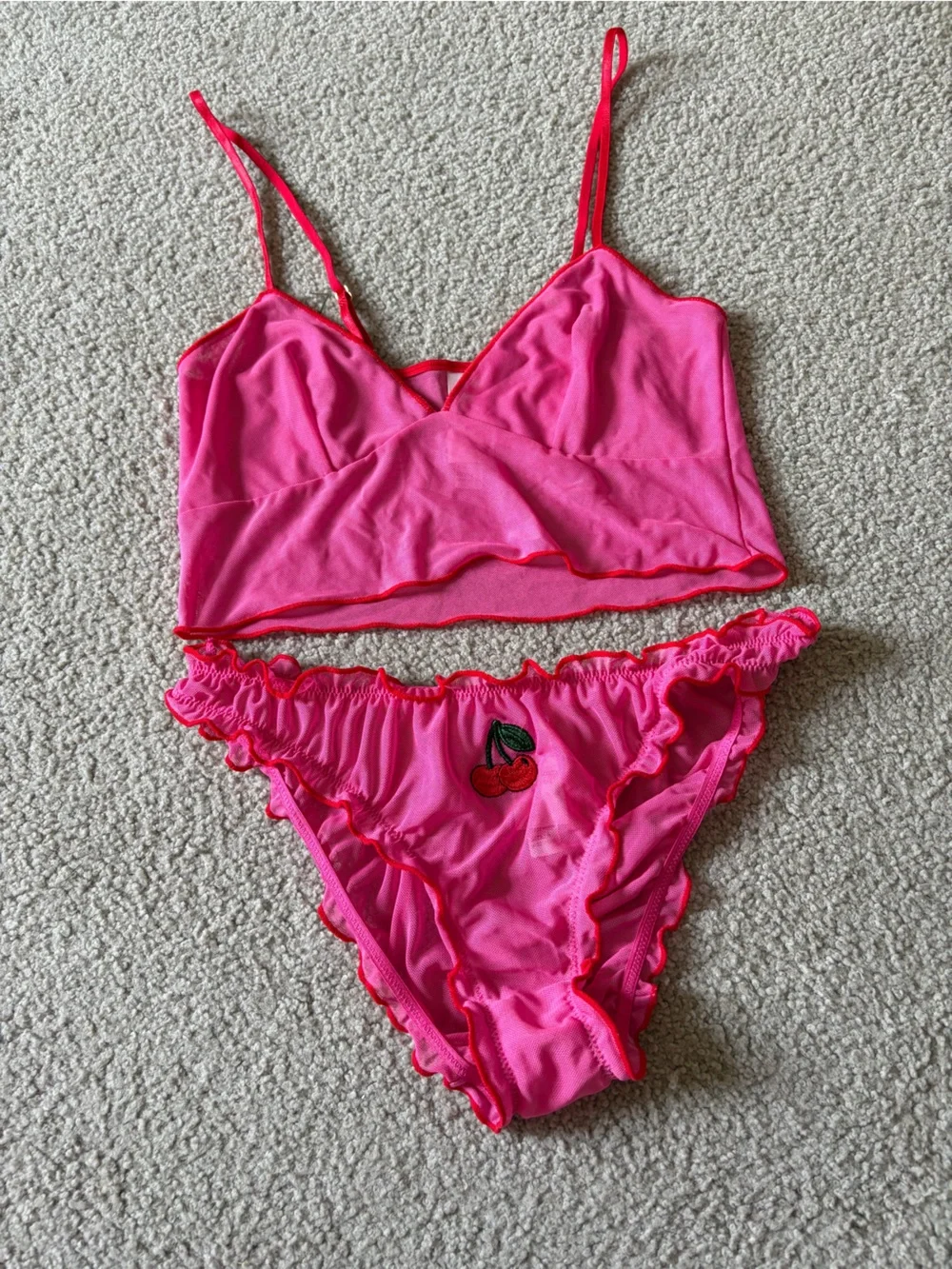 Pink cherry Ruffle Lace-Trim Pajama/lingerie Set - Women
